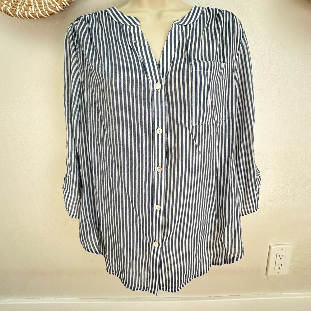 Indigo Rose Blue and White Striped Button Down Blouse. Size Petite Large.
